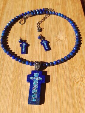 Jay King DTR Lapis Micro Opal inlay necklace cross pendant earrings 925 Sterling